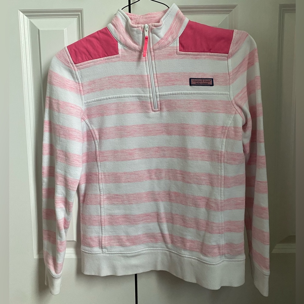 Vineyard Vines Women’s Sweater- pink and white colored stripes, XS, Quarter Zip